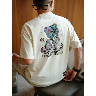 美式潮牌卡通彩绘小熊刺绣短袖T恤男夏季新款潮牌ins半袖圆领上衣
