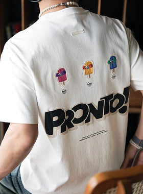 2025港风潮牌重工刺绣短袖T恤男春夏季新款贴布印花宽松半袖体恤