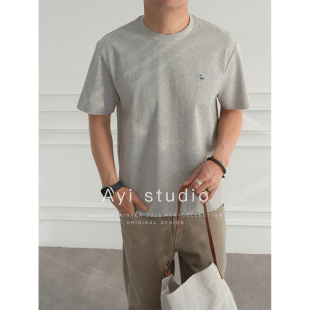 纯色圆领上衣 T恤男春夏潮流情侣款 韩版 简约精工卡通绣标正肩短袖