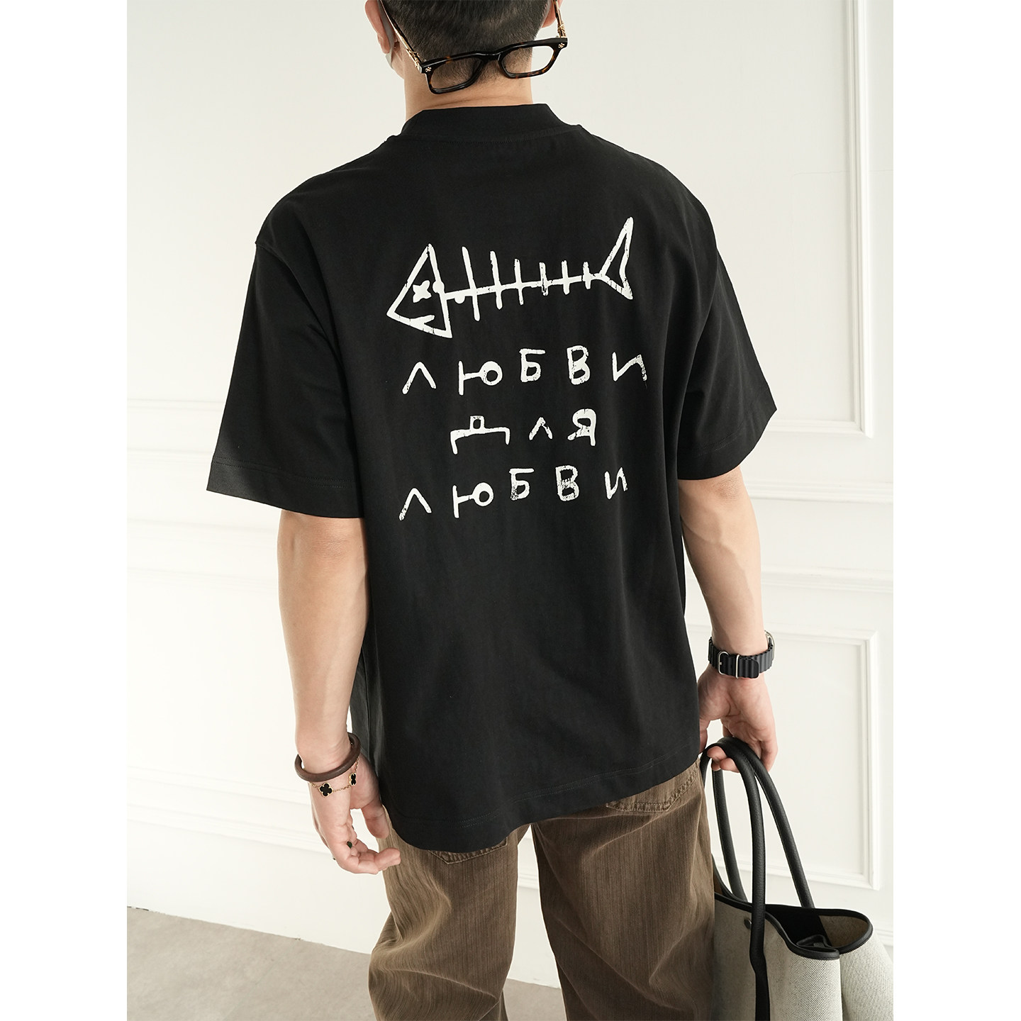 港风休闲鱼骨印花重磅圆领短袖T恤男早春潮流新款微阔多色半袖衫