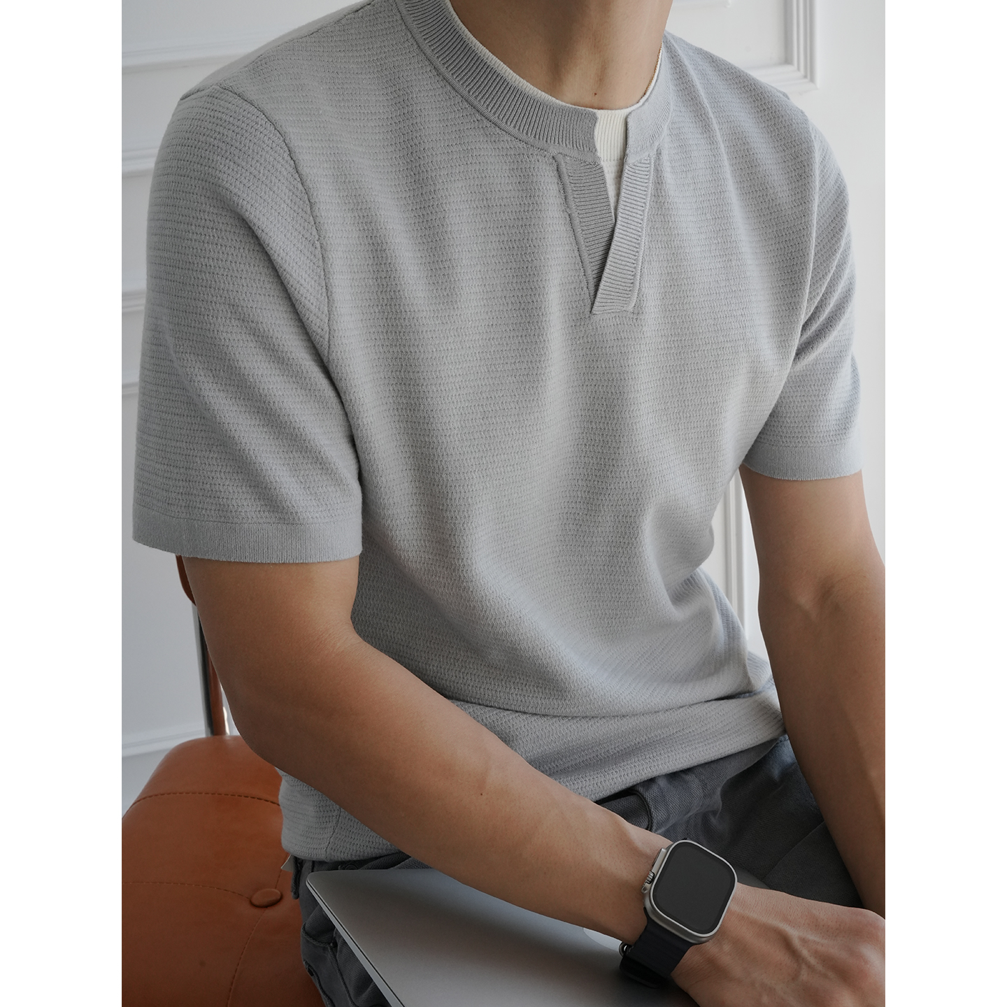 韩版简约老钱风假两件针织半袖衫