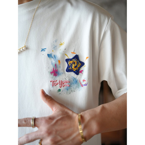 韩版高端贴布刺绣圆领短袖T恤潮