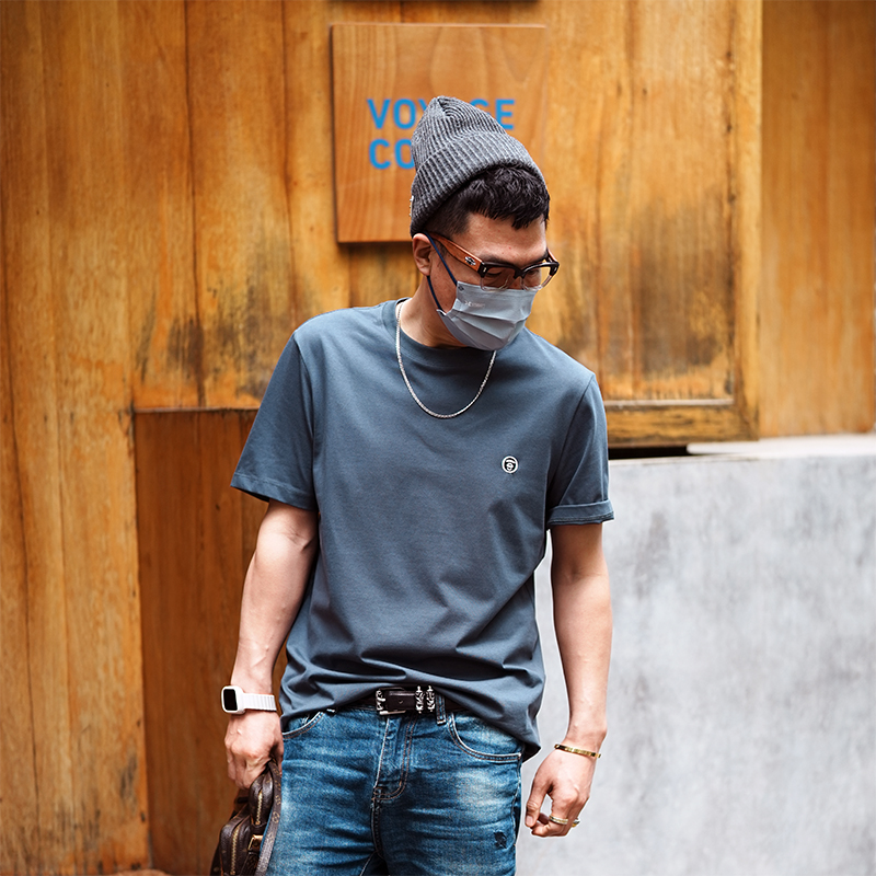 美式潮牌刺绣简约圆领T恤打底衫