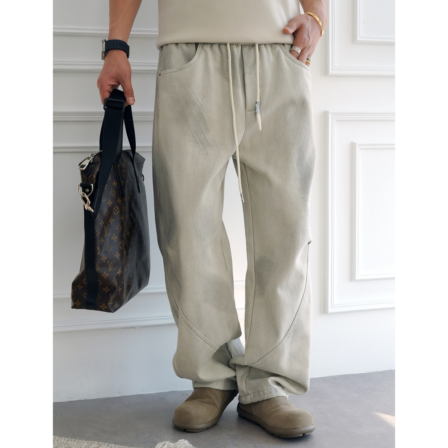 美式复古拼接解构擦色抽绳牛仔裤