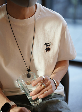 原创设计编织小熊刺绣重磅半袖T恤男早春潮流情侣款时尚圆领上衣