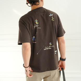圆领衫 卡通刺绣半袖 T恤男春夏潮流新款 港风原创印花休闲白色短袖