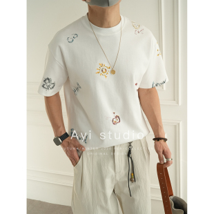 轻奢满印花绣圆领短袖 衫 T恤男早春潮流情侣款 百搭半袖 ins时尚 韩版