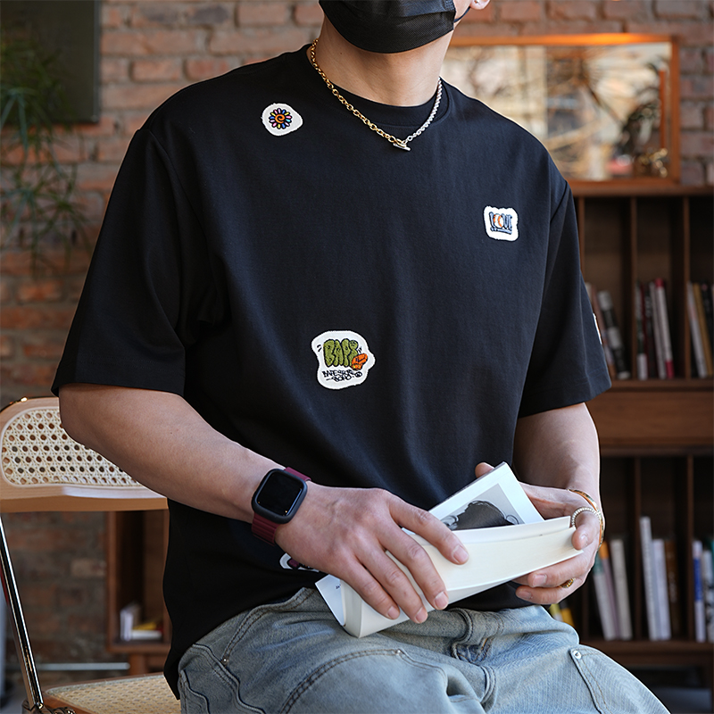 港风休闲简约设计贴布刺绣T恤衫