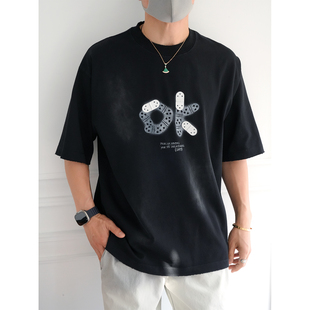 原创擦色做旧渐变高克重短袖T恤男秋季时尚情侣款字母印花半袖衫