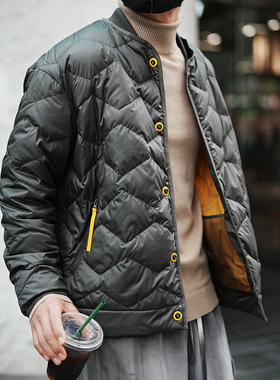 美式复古菱形纹飞行员棒球领羽绒服男潮牌冬季爆款痞帅白鸭绒外套