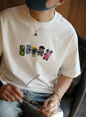 韩系原创设计趣味卡通刺绣短袖T恤男春夏潮流新款宽松痞帅圆领衫