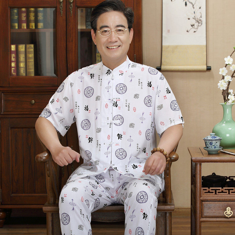 Han Sam 60 Middle-aged and elderly people Short sleeved shirt dad Summer wear suit Two piece set 70 grandpa Cotton silk Tang costumein the Men's clothing, National costume  category - from Buy2taobao.com to provide professional Taobao agent buy service