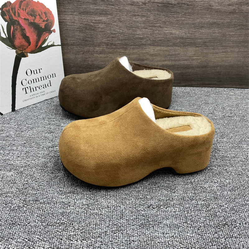 撤柜处理7CM内增高勃肯鞋女秋冬新款一脚蹬加绒毛毛包头半拖棉鞋