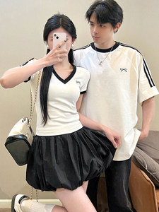 情侣装条纹正肩白色短袖t恤女夏季新款蝴蝶结修身显瘦短款小上衣