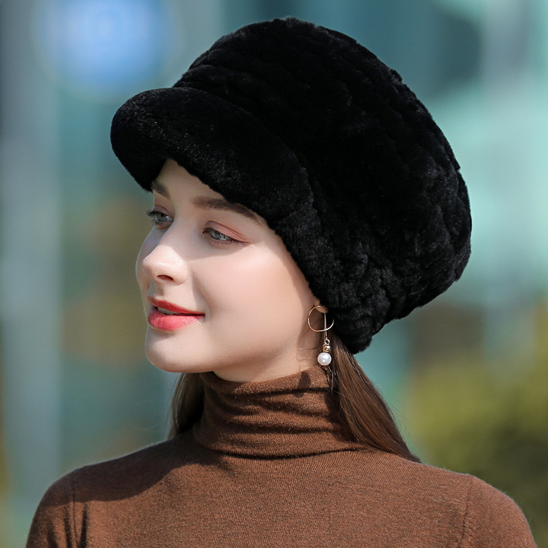 秋冬季皮草帽子女士外出韩版贝雷帽獭兔毛冬天加厚保暖新款鸭舌帽