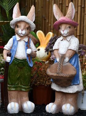 户外乡村花园别墅庭院阳台可爱卡通情侣大兔子花盆落地摆件装饰品