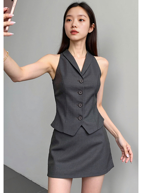 ZRSHOP无袖短款西装马甲背心女夏季外穿露肩设计感修身翻领上衣