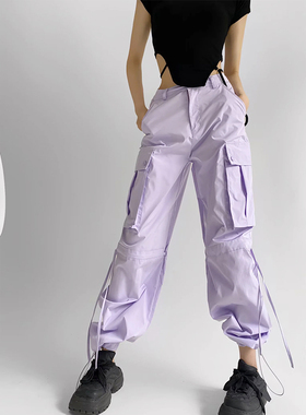 ZRSHOP美式复古绑带速干工装裤女宽松休闲拖地长裤束脚户外运动裤