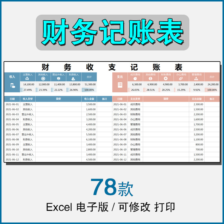 记账表excel模板表格财务收入支出出纳电子版收支明细wps会计做账