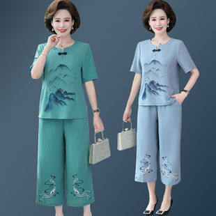 60岁妈妈夏装套装冰丝老妈衣服复古民族风中老年女装夏季短袖薄款