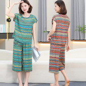 人造棉七分裤 棉绸套装 妈妈碎花大码 外穿夏两件套短袖 民族风 女时尚