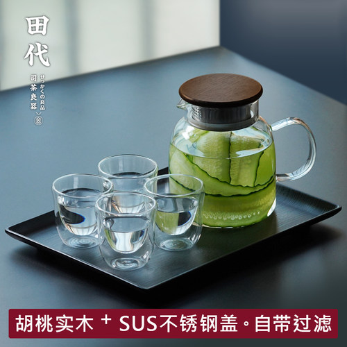 玻璃冷水壶套装胡桃木盖自带滤网