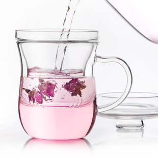 窈窕玻璃花茶杯 带把茶水分离三件套耐热玻璃杯办公室水杯泡茶杯
