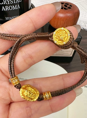 「轻金集」富甲一方招财金龟沙金手链福禄寿古法实心乌龟皮质手绳