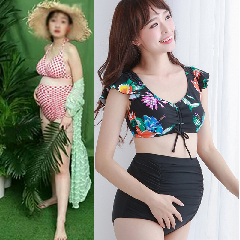 高腰大胸比基尼孕妇游泳衣女托腹分体大码性感遮刀疤泳装怀孕产后