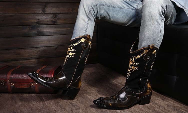 个性秋冬季骑士英伦男靴复古马丁皮靴牛仔靴潮流绣花牛皮男士高靴