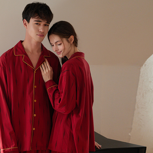 思馨坊情侣睡衣春秋款纯棉红色新婚结婚一男一女家居服套装本命年