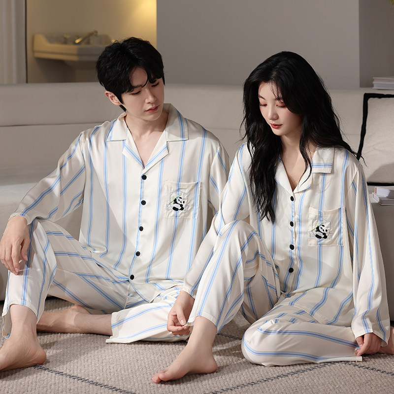 2025年新款情侣睡衣男士春秋冰丝条纹长袖熊猫女款春夏家居服套装