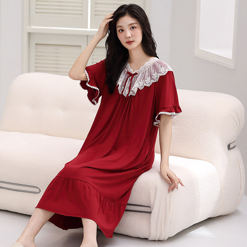 夏季莫代尔红色结婚连衣裙家居服