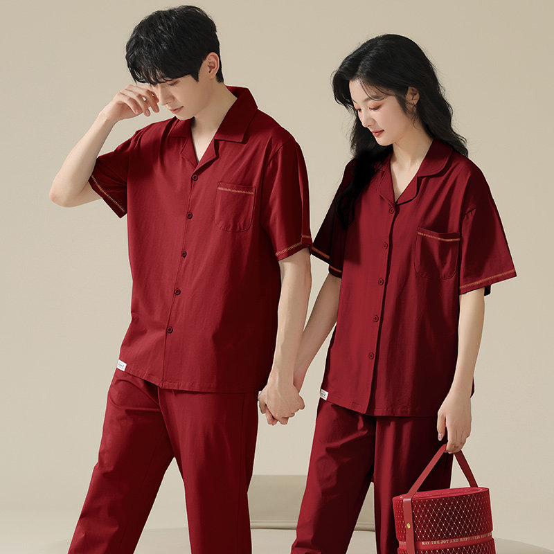 思馨坊睡衣结婚新婚情侣套装红色备婚夏季纯棉短袖长裤情侣男女士