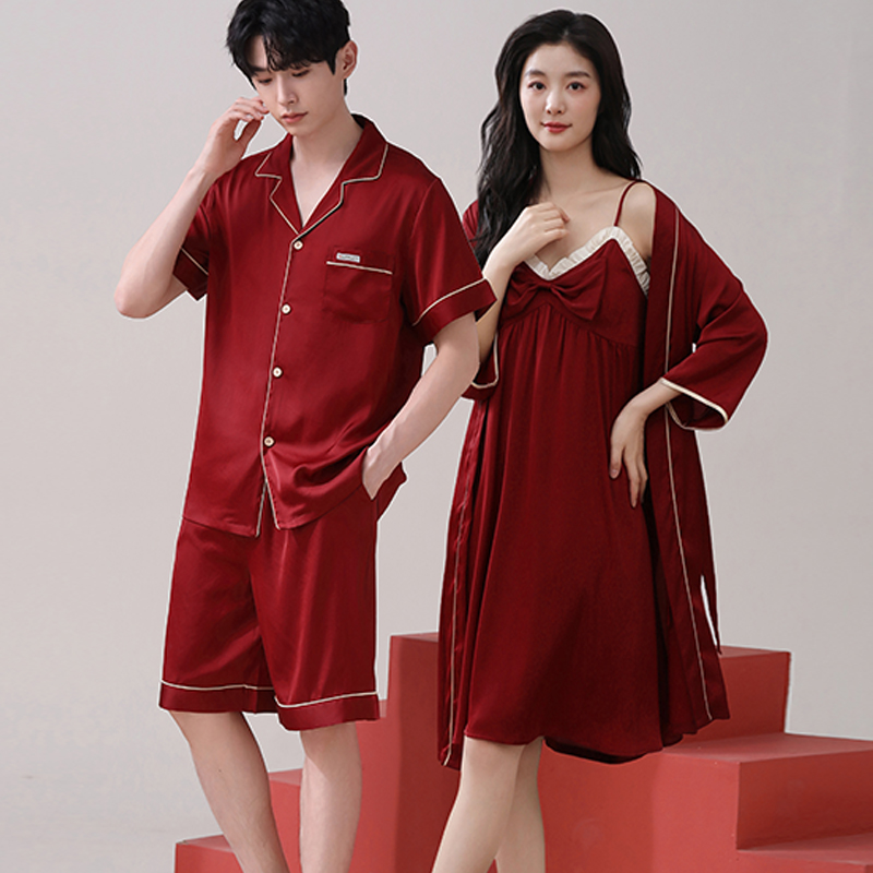 夏季情侣冰丝红色晨袍两件套套装