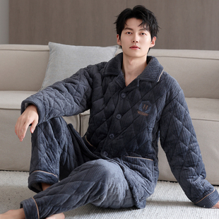 超厚珊瑚绒夹棉睡衣男士冬季三层加厚恒温保暖家居服可外穿套装冬