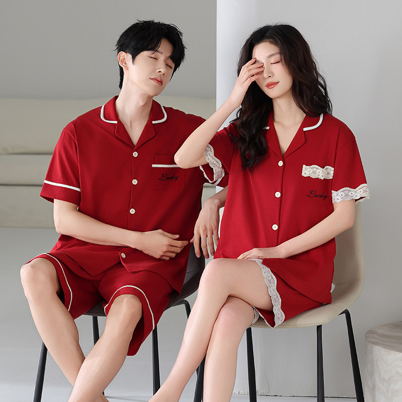 思馨坊睡衣结婚新婚情侣套装红色纯棉夏季短袖短裤品质一男一女夏
