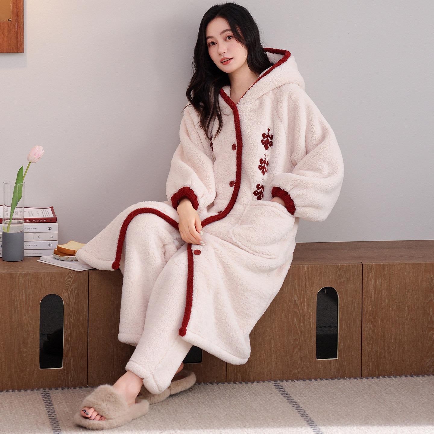 思馨坊睡袍女秋冬保暖家居服珊瑚如加绒加厚连帽浴袍长裤睡衣套装