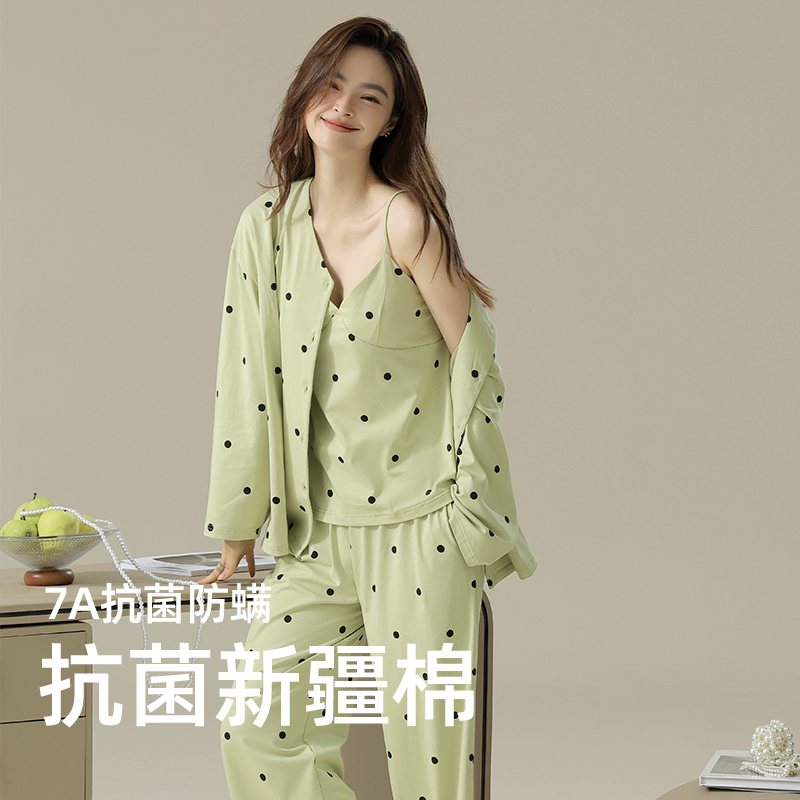 春秋夏季带胸垫纯棉睡衣女三件套