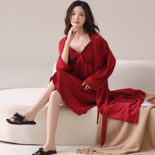 思馨坊晨袍新娘睡衣女春秋冰丝性感睡裙红色结婚新婚法式伴娘睡袍