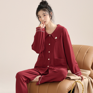 思馨坊莱卡棉睡衣女秋冬季纯棉红色结婚新婚喜庆家居服本命年套装