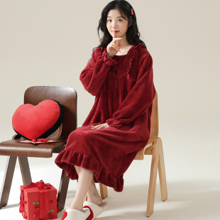 思馨坊新婚睡衣冬季女款珊瑚绒睡裙女保暖秋冬天结婚红色连衣裙冬