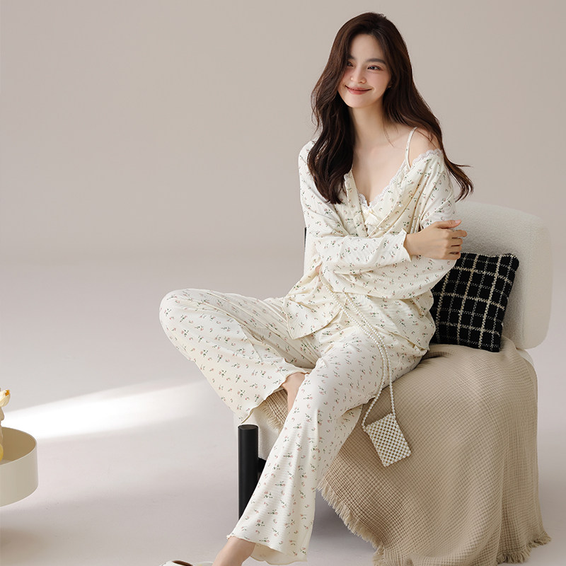 思馨坊睡衣女春秋季纯棉吊带胸垫长袖三件套优雅风韵家居服可外穿