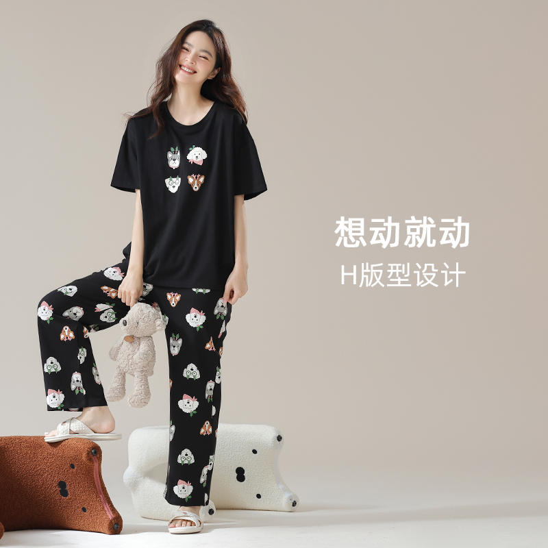 睡衣春夏季女纯棉圆领印花