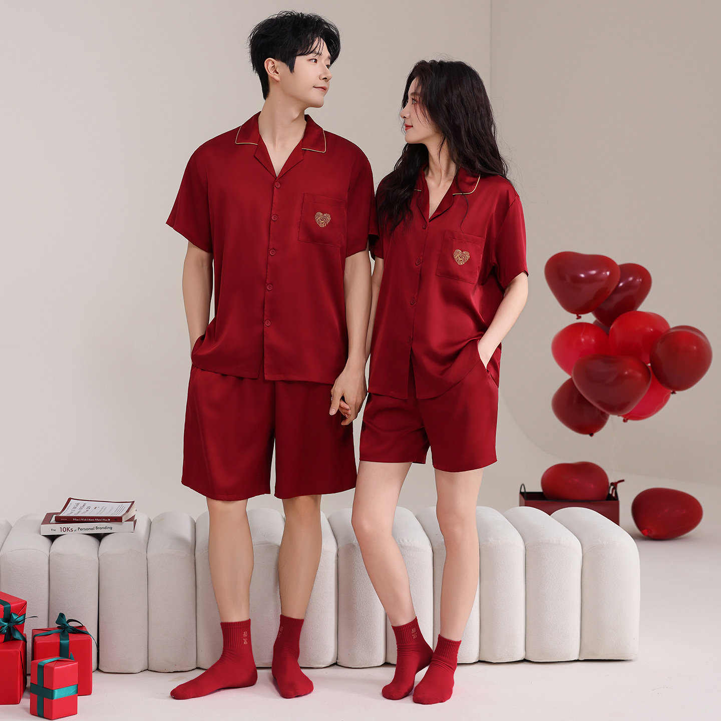 思馨坊情侣睡衣冰丝夏季短袖短裤红色结婚家居服男女士本命年套装