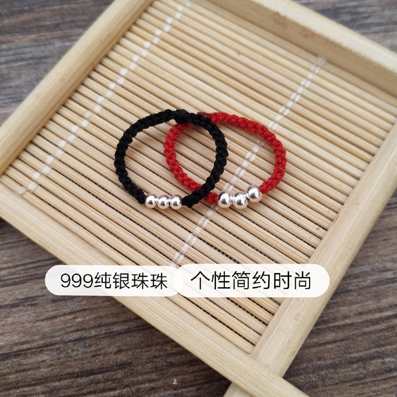纯银戒指女手工编织红绳
