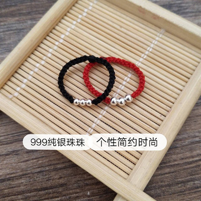 纯银戒指女手工编织红绳