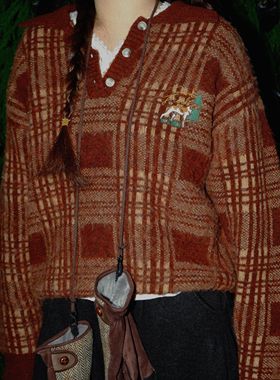 好朋友复古商店美式复古格纹拉毛绒猎犬刺绣polo毛衣