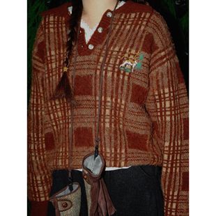 好朋友复古商店美式复古格纹拉毛绒猎犬刺绣polo毛衣