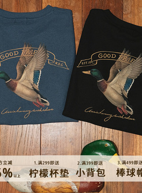 【透气华夫格】男女同款美式复古华夫格猎鸭手绘短袖抗皱合身版型